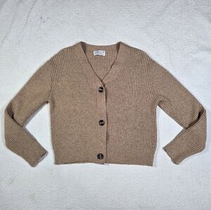 Poof Apparel Brown Cropped V Neck Cardigan 3 Button Closure